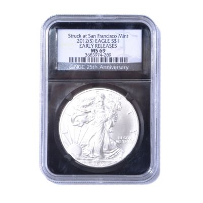 435-051 - 2012 Silver American Eagle MS69 NGC ER Coin w/ Retro Black Label Holder 