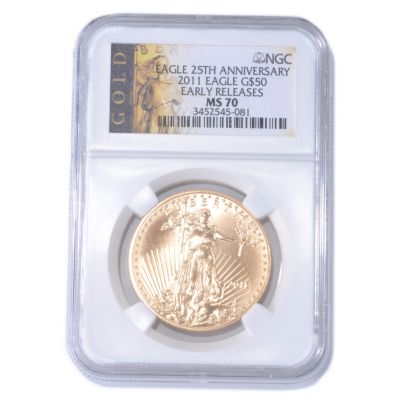 435-221 - 25th Anniversary 2011 Gold Eagle NGC MS70 ER $50 Coin
