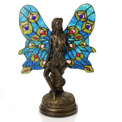 435-906 - Tiffany-Style 15" Peacock Fairy Whimsical Figurine Stained Glass Accent Lamp