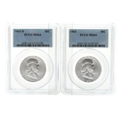 436-644 - 1963 Silver Franklin MS64 PCGS Set of Two Half Dollar Coins