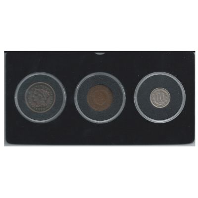 437-303 - Collecting 1, 2, 3 VG Large Cent, Two Cent & Three Cent Nickel w/ Display Box
