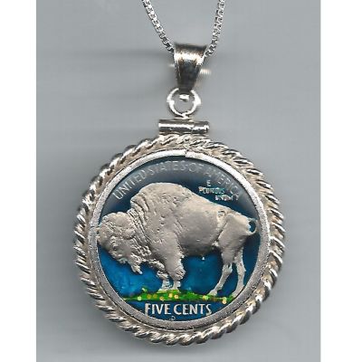 437-542 - Sterling Silver Hand Painted Buffalo Nickel Pendant w/ 18" Chain