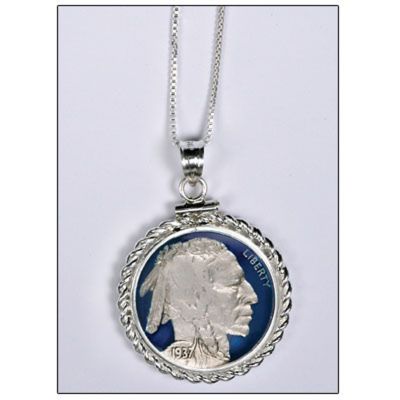 437-543 - Sterling Silver Hand Painted Indian Side Buffalo Nickel Pendant w/ Chain 
