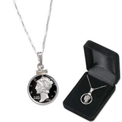 437-545 - Sterling Silver Hand Painted Mercury Dime Pendant w/ 18" Chain 