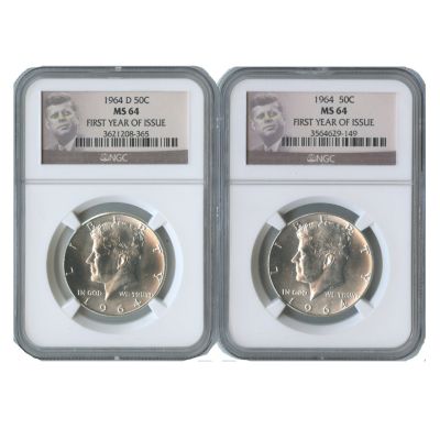 438-360 - 1964 Silver Kennedy MS64 First Year Issue NGC (P & D) Set of Two Coins