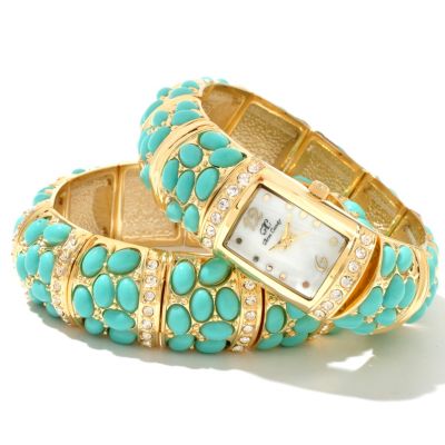 Arm Candy Women's Simulated Gemstone Stretch Watch & Matching Bracelet