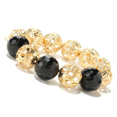 607-273 - Invicta Fiorentina 18K Gold Plated 6.75'' Onyx & Filigreed Bead Stretch Bracelet