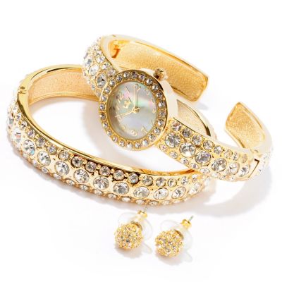 Lady Diva Crystal Cuff Watch, Bangle & Earring Set