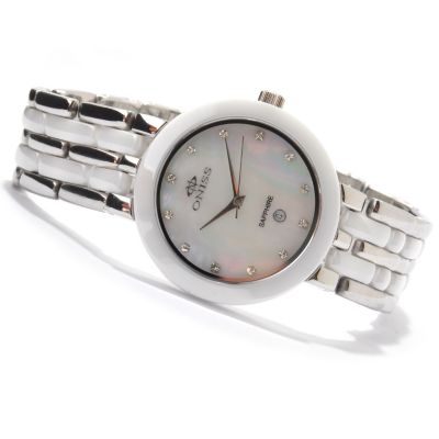 607-420 - Oniss Women's Daisy Ceramic Crystal Accented Mother-of-Pearl Bracelet Watch