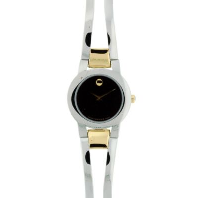 608-251 - Movado Women's Quartz Black Dial Two-Tone Stainless Steel Bracelet Watch