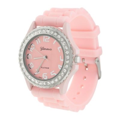 608-538 - Geneva Platinum Women's Light Pink Silicone Link Strap Watch