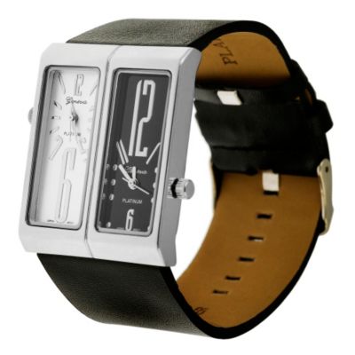 608-600 - Geneva Platinum Men's Quartz Black Rectangular Case Strap Watch