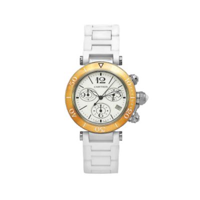610-374 - Cartier Women's Pasha Swiss Quartz Tachymeter White Dial Rubber Strap Watch