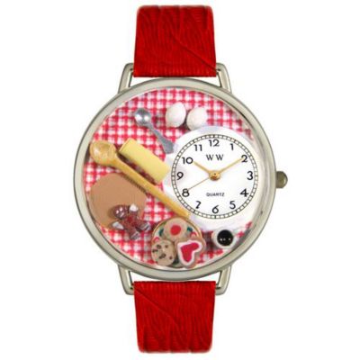 611-240 - Whimsical Watches Mid-Size Baking Quartz Movement Miniature Detail Red Leather Strap Watch
