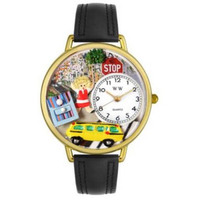 611-289 - Whimsical Watches Mid-Size Japanese Quartz School Bus Driver Black Leather Strap Watch
