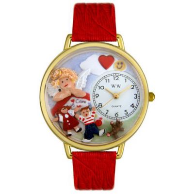 611-297 - Whimsical Watches Mid-Size Day Care Teacher Quartz Movement Miniature Detail Red Leather Strap Watch