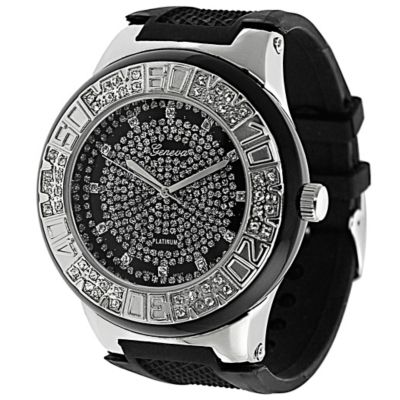 611-649 - Geneva Platinum Men's Quartz Rhinestone Detail Silver-tone Case Silicone Strap Watch 