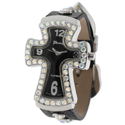 611-667 - Geneva Platinum Women's Japanese Quartz Rhinestone & Stud Detail Cross Design Strap Watch