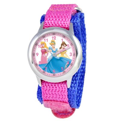 612-268 - Disney Princess Mid-Size Kids Time Teacher Japanese Quartz Pink & Blue Nylon Strap Watch