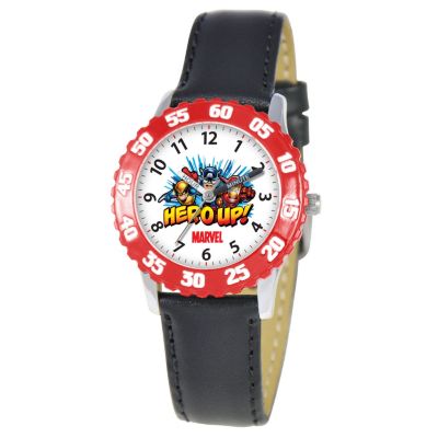 612-294 - Marvel Super Hero Squad Mid-Size Kids Time Teacher Japanese Quartz Black Leather Strap Watch