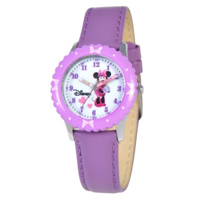 612-334 - Disney Minnie Mouse Mid-Size Kids Time Teacher Japanese Quartz Purple Leather Strap Watch