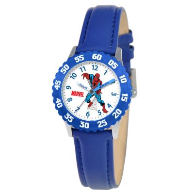 612-674 - MARVEL Kid's Spider-man Time Teacher Quartz Blue Leather Strap Watch
