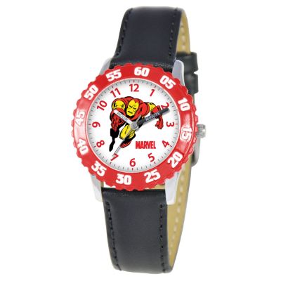 612-676 - MARVEL Kid's Iron Man Time Teacher Quartz Black Leather Strap Watch 