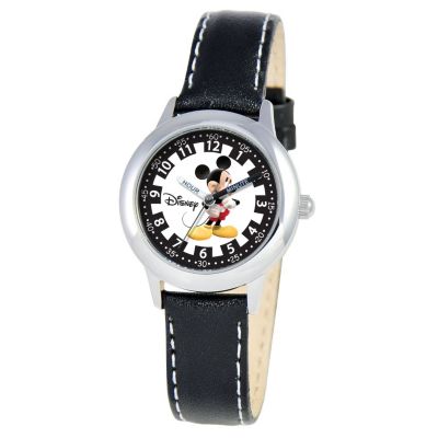 612-704 - Disney Kid's Mickey Mouse Time Teacher Quartz Black Leather Strap Watch