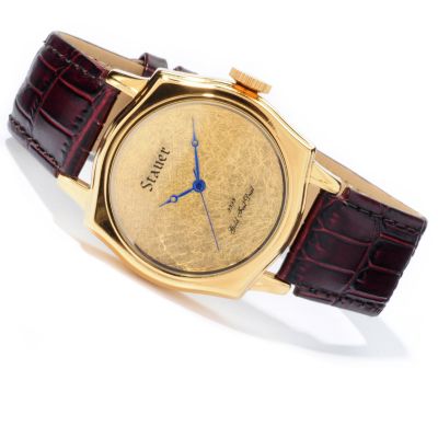 STAUER MEN'S 24K GOLD-LEFT QUARTZ STAINLESS STEEL CASE LEATHER STRAP WATCH