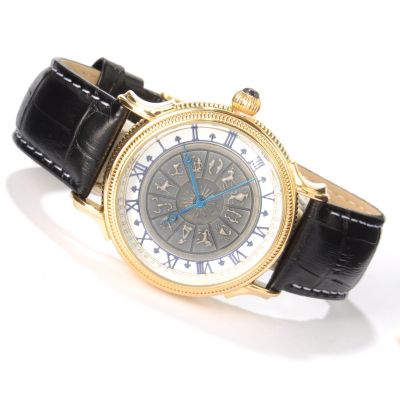 STAUER MEN'S ZODIAC QUARTZ GOLD-FUSED CASE LEATHER STRAP WATCH