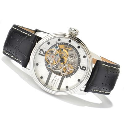 STUHRLING ORIGINAL MEN'S PROSPERO SKELETON AUTOMATIC LEATHER STRAP WATCH
