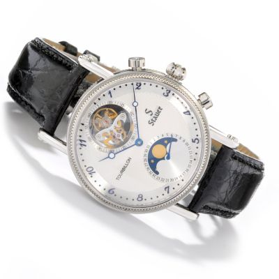STAUER CORSICAN MECHANICAL TOURBILLON STAINLESS STEEL CASE LEATHER STRAP WATCH