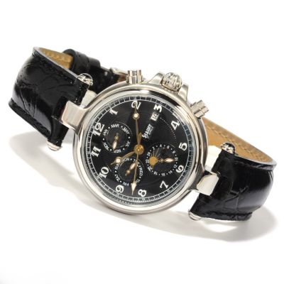 STAUER MEN'S NOIRE AUTOMATIC STAINLESS CASE LEATHER STRAP WATCH