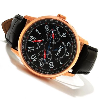 STAUER MEN'S DUMONT AUTOMATIC DUAL TIME STAINLESS CASE LEATHER STRAP WATCH