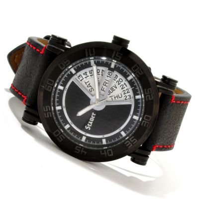 STAUER MEN'S SENTINEL QUARTZ DAY & DATE LEATHER STRAP WATCH