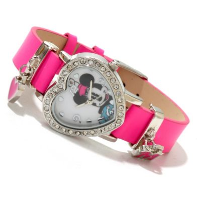 Mickey or Minnie Crystal Heart Case Pink Strap W/ sliding Charms