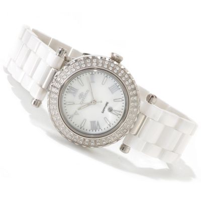 ONISS WOMEN'S SWISS CERAMIC & STAINLESS STEEL CRYSTAL ACCENT MOP BRACELET WATCH