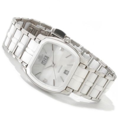 ONISS WOMEN'S SWISS CERAMIC & STAINLESS STEEL DIAMOND ACCENT BRACELET WATCH