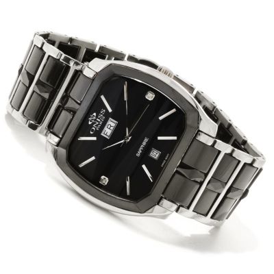 ONISS MEN'S SWISS CERAMIC & STAINLESS STEEL DIAMOND ACCENT BRACELET WATCH