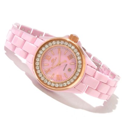 Oniss Women's Ceramic Swiss Movement MOP Dial Crystal Accented Bracelet Watch