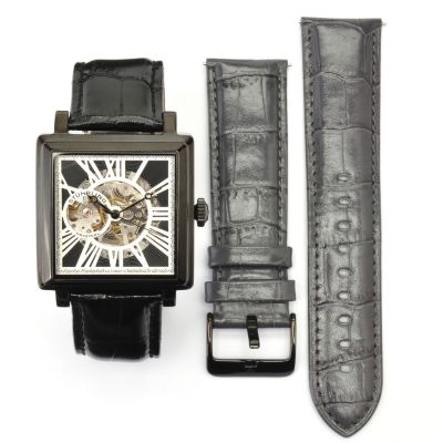 Stuhrling Original Men's Chariot Square Skeleton Automatic Leather Strap Watch