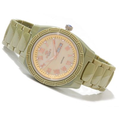 Oniss Women's Ceramic Swiss Day/Date MOP Dial Crystal Accent Bracelet Watch