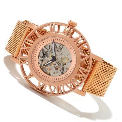 Adee Kaye Men's Stainless Steel Automatic Skeleton Mesh Bracelet Watch