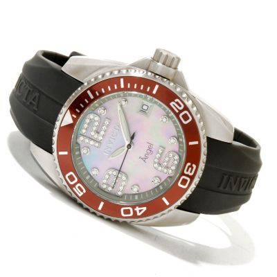 INVICTA WOMEN'S ANGEL DIVER QUARTZ MOP DIAL PU STRAP WATCH W/DC