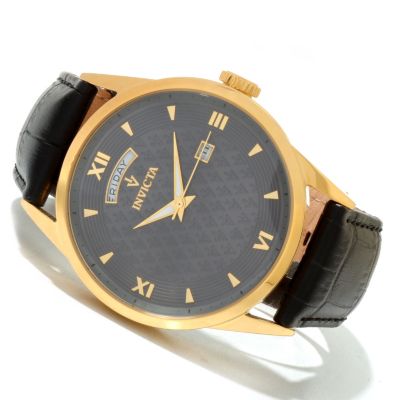 INVICTA MEN'S VINTAGE DAY & DATE QUARTZ LEATHER STRAP WATCH