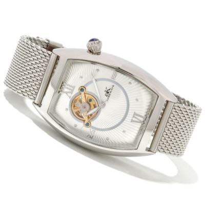 ADEE KAYE STAINLESS STEEL AUTOMATIC SKELETON MESH STRAP WATCH