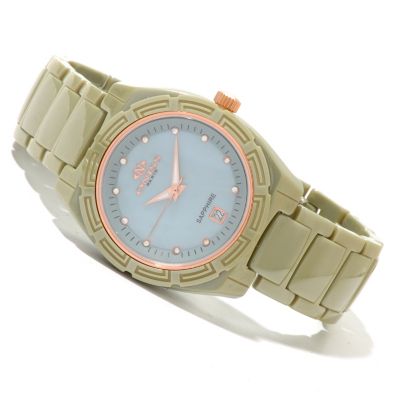 ONISS WOMEN'S CERAMIC SWISS DAY/DATE CRYSTAL ACCENTED STRAP WATCH