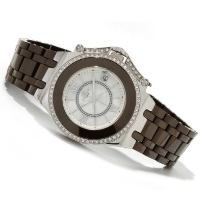 ONISS WOMEN'S CERAMIC & STNLS STL SWISS CRYSTAL ACCENTED BRACELET WATCH