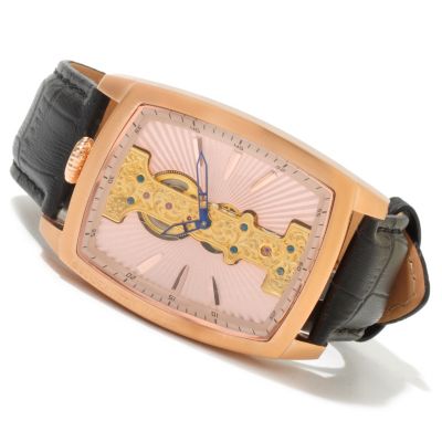 619-955 - Constantin Weisz Men's Mechanical Exposed Bridge Leather Strap Watch 