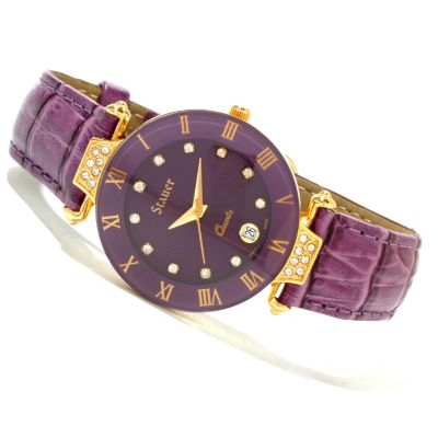 619-966 - Stauer Women's Swiss Quartz Crystal Accented Leather Strap Watch 